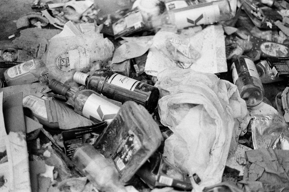 A large collection of mixed waste materials scattered across a paved outdoor surface, including crumpled paper, plastic bottles, glass jars, cardboard packaging, and discarded food wrappers. The waste appears to be randomly piled with varying textures such as smooth glass, crinkled paper, and crumpled plastic, predominantly in shades of grey, black, and white due to the black-and-white image. Some bottles are upright, while others are lying on their sides, with a few partially hidden behind other rubbish, creating a densely cluttered scene. The ground beneath is visible in spots, indicating the waste is spread across a pavement or driveway. The scene suggests an area awaiting rubbish collection or clearance, potentially managed by private waste removal services like those offered by rubbishclearanceelephantandcastle.co.uk, highlighting the importance of proper disposal and alternative waste handling methods for household or commercial refuse. The lighting is even, with no strong shadows, emphasizing the chaotic assortment of waste as part of an urban or suburban environment engaged in rubbish disposal activities.